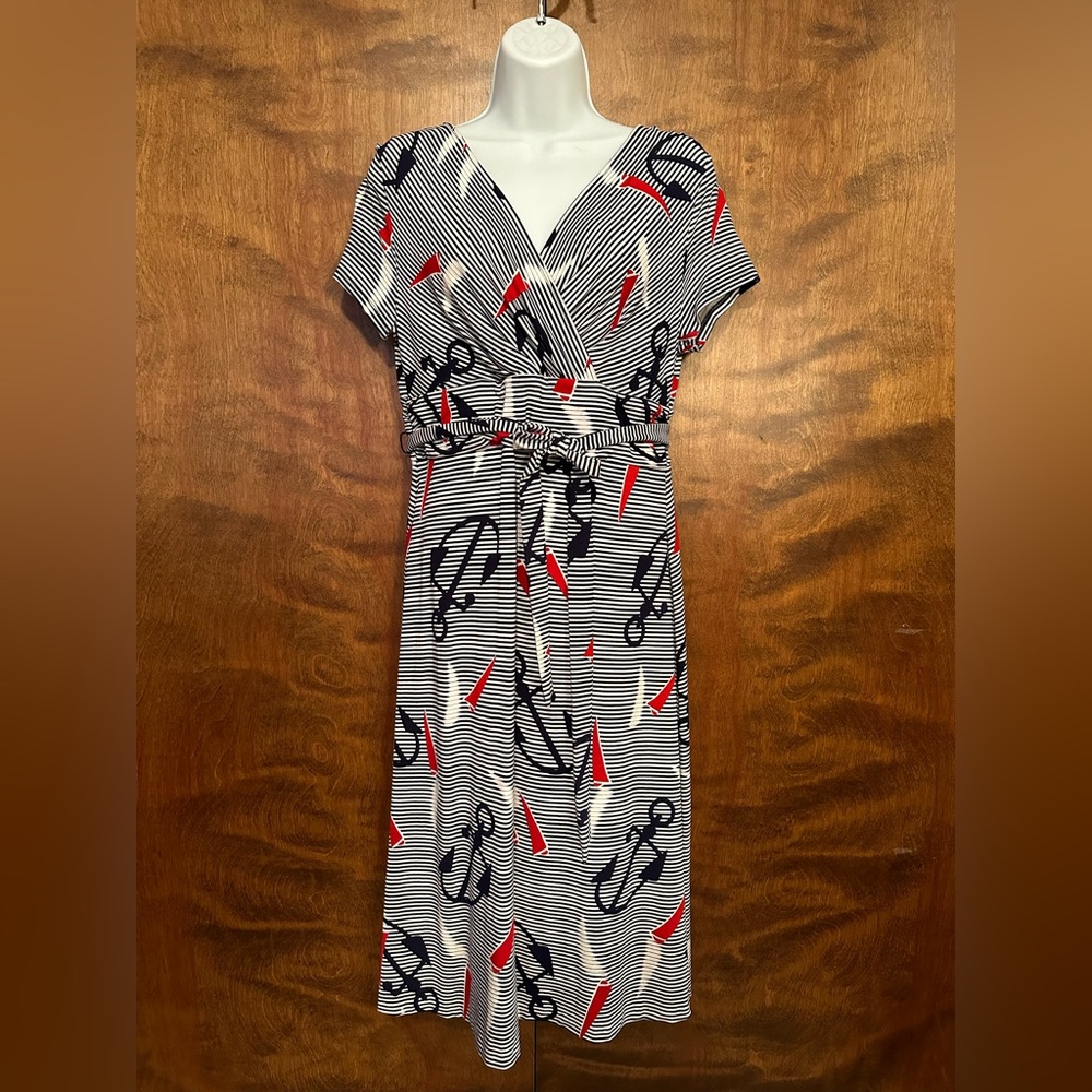Talbots Short Sleeve Striped Nautical Print Midi Dress Womens M Navy & Red Knit